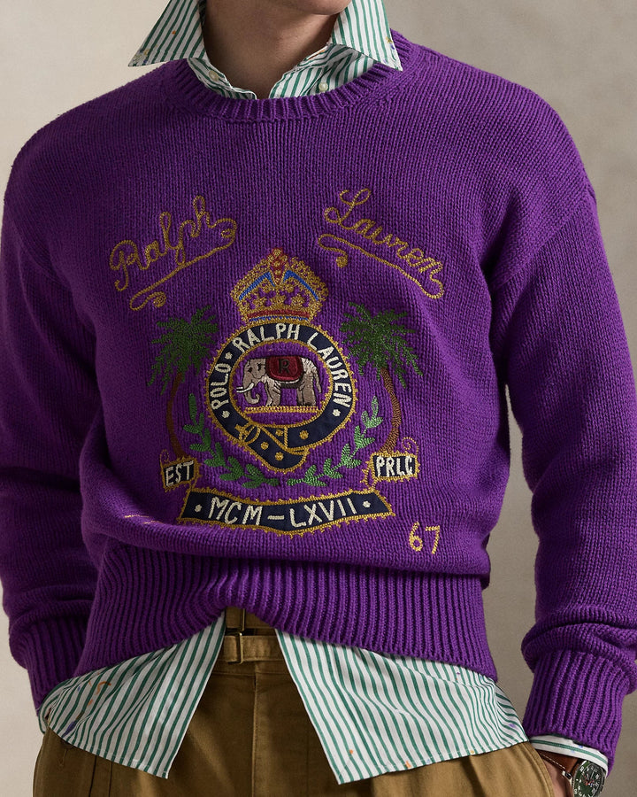RALPH LAUREN PURPLE LABEL - Pull en coton brodé Violet passiflore chiné - Lothaire