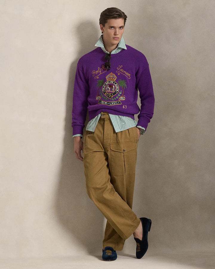 RALPH LAUREN PURPLE LABEL - Pull en coton brodé Violet passiflore chiné - Lothaire