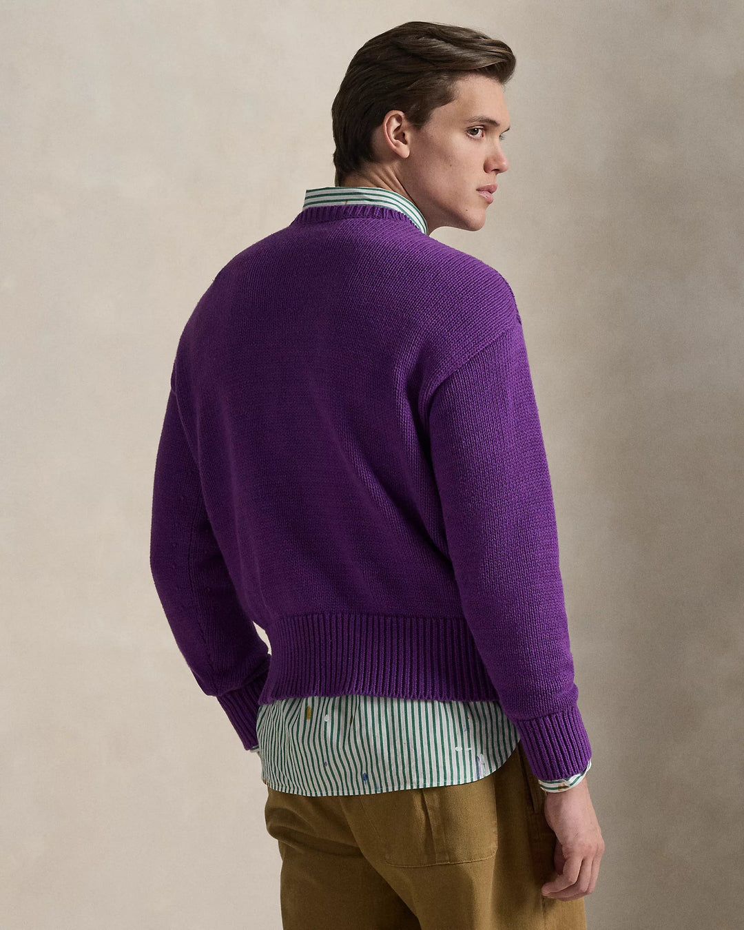RALPH LAUREN PURPLE LABEL - Pull en coton brodé Violet passiflore chiné - Lothaire