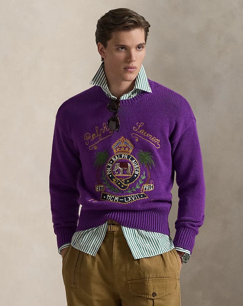 RALPH LAUREN PURPLE LABEL - Pull en coton brodé Violet passiflore chiné - Lothaire