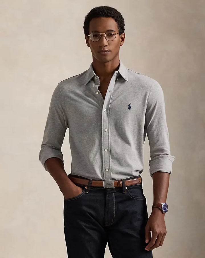 POLO RALPH LAUREN - Chemise ultra-légère en coton piqué Gris clair chiné