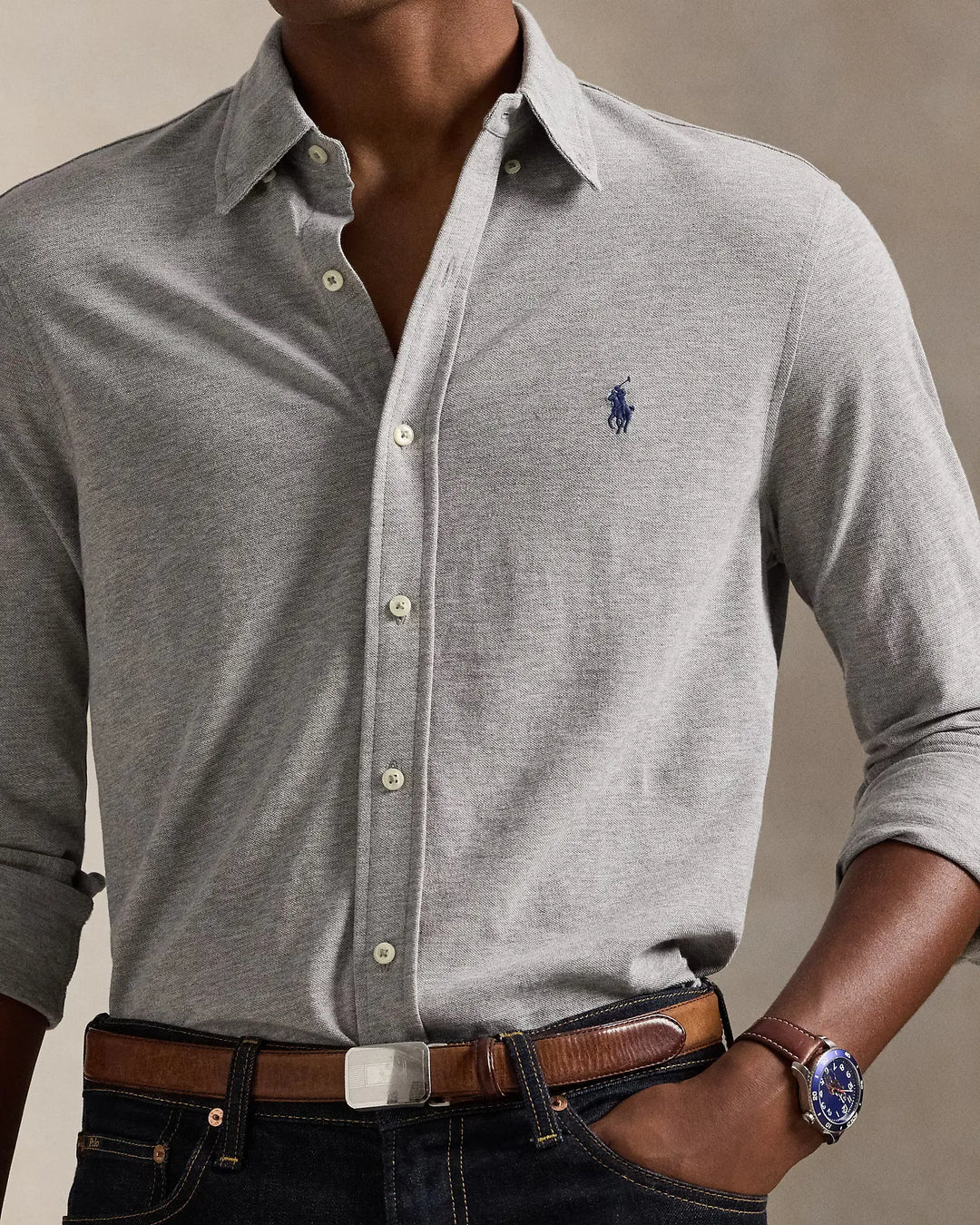 POLO RALPH LAUREN - Chemise ultra-légère en coton piqué Gris clair chiné