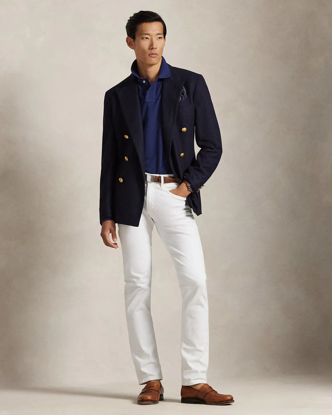 POLO RALPH LAUREN - Polo manches longues Custom Slim Fit en coton piqué Bleu marine