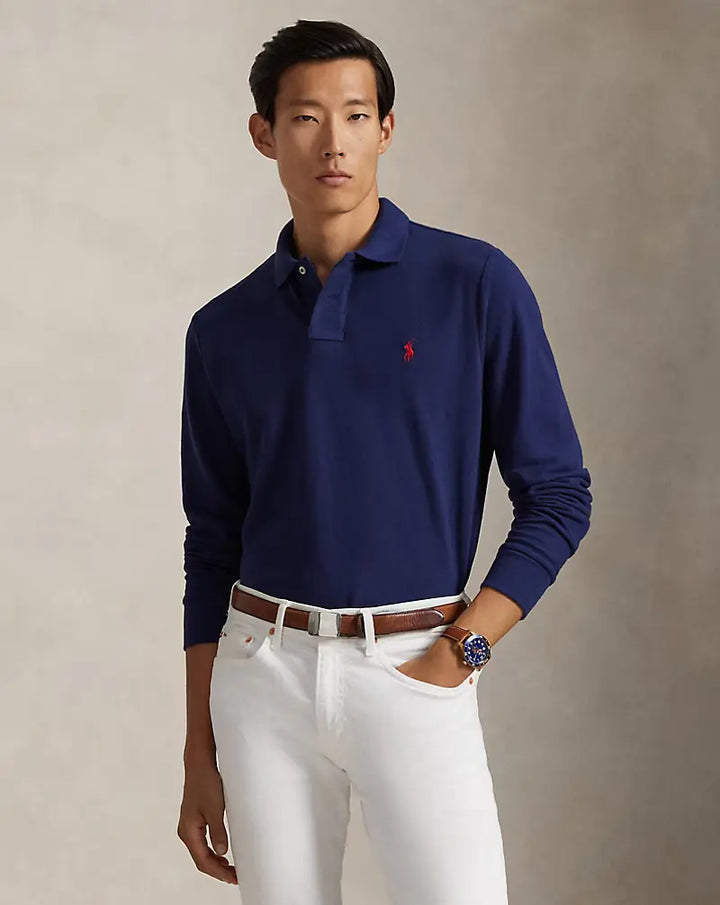 POLO RALPH LAUREN - Polo manches longues Custom Slim Fit en coton piqué Bleu marine