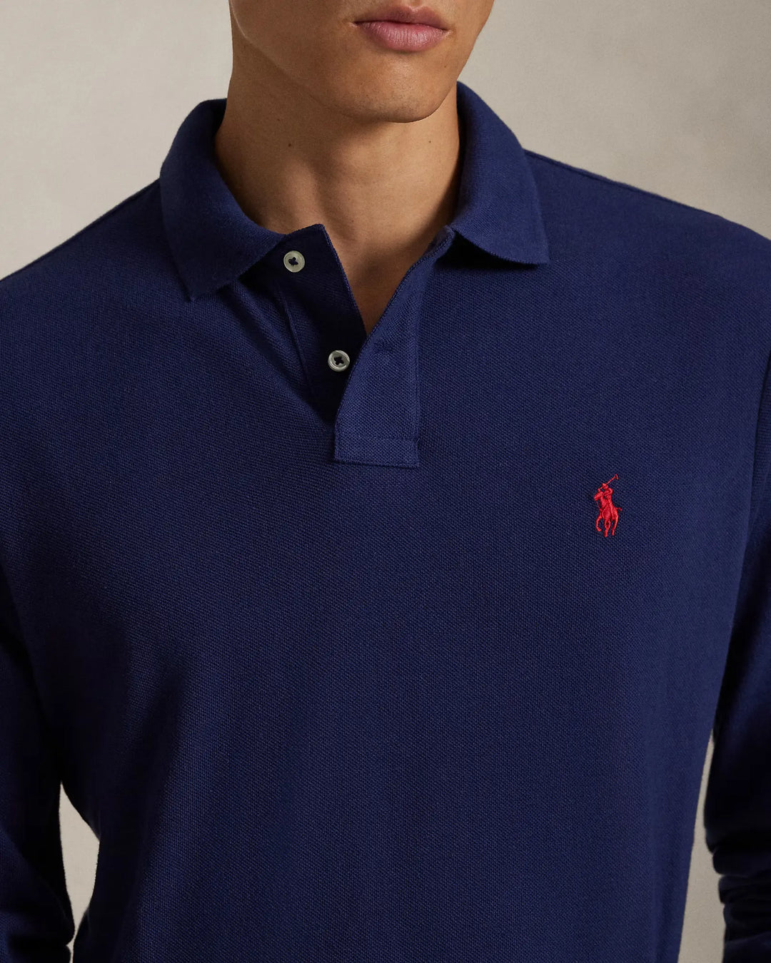 POLO RALPH LAUREN - Polo manches longues Custom Slim Fit en coton piqué Bleu marine