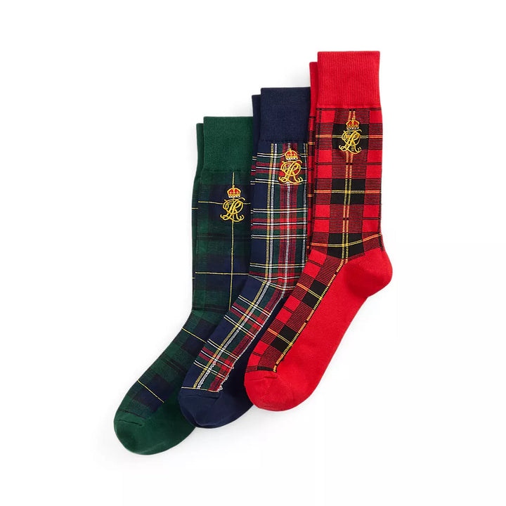 POLO RALPH LAUREN - Coffret de 3 paires de chaussettes tartan à monogramme Vert / Bleu marine / Rouge