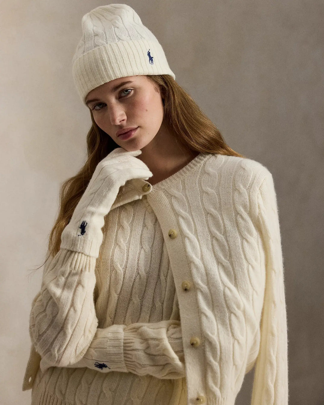 POLO RALPH LAUREN - Bonnet torsadé en laine et cachemire Crème