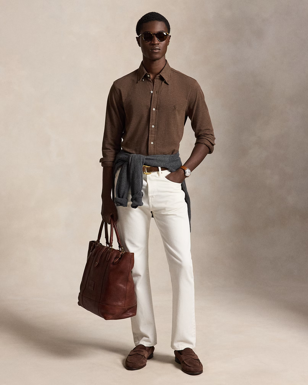 POLO RALPH LAUREN - Chemise ultra légère en coton piqué Marron taupe