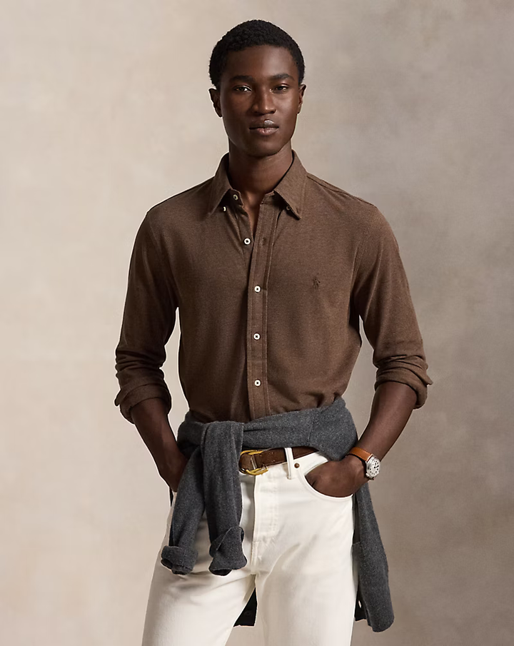 POLO RALPH LAUREN - Chemise ultra légère en coton piqué Marron taupe