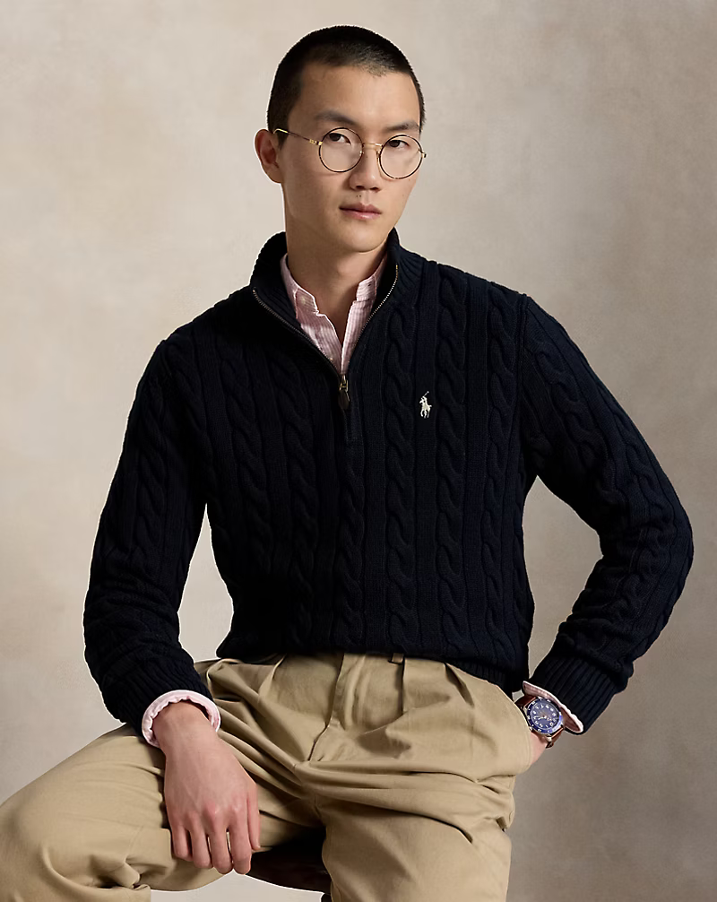 POLO RALPH LAUREN - Pull demi-zippé en coton torsadé Bleu marine