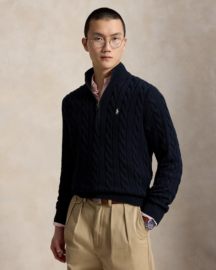 POLO RALPH LAUREN - Pull demi-zippé en coton torsadé Bleu marine