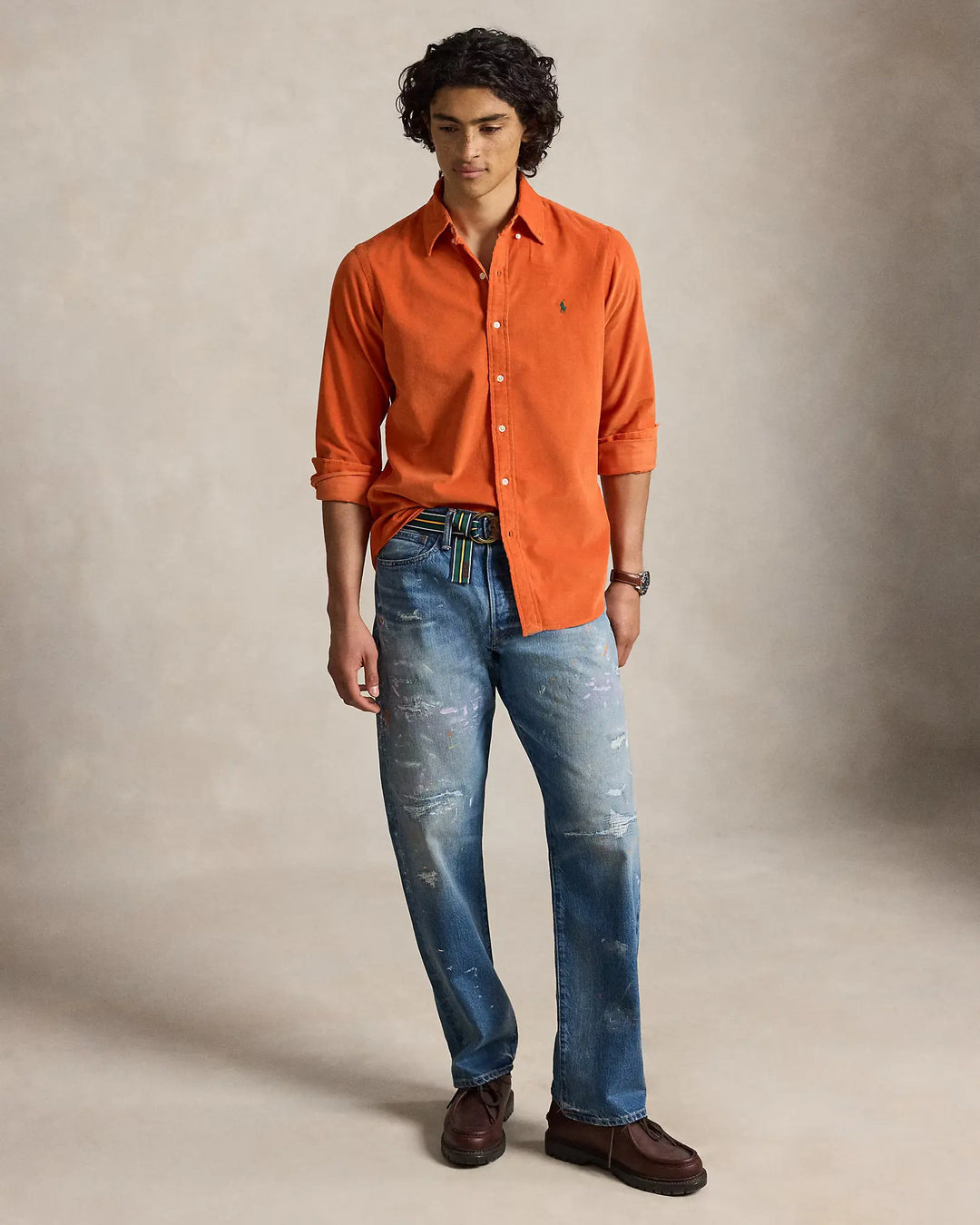 POLO RALPH LAUREN - Chemise ajustée en velours côtelé de coton Orange collège