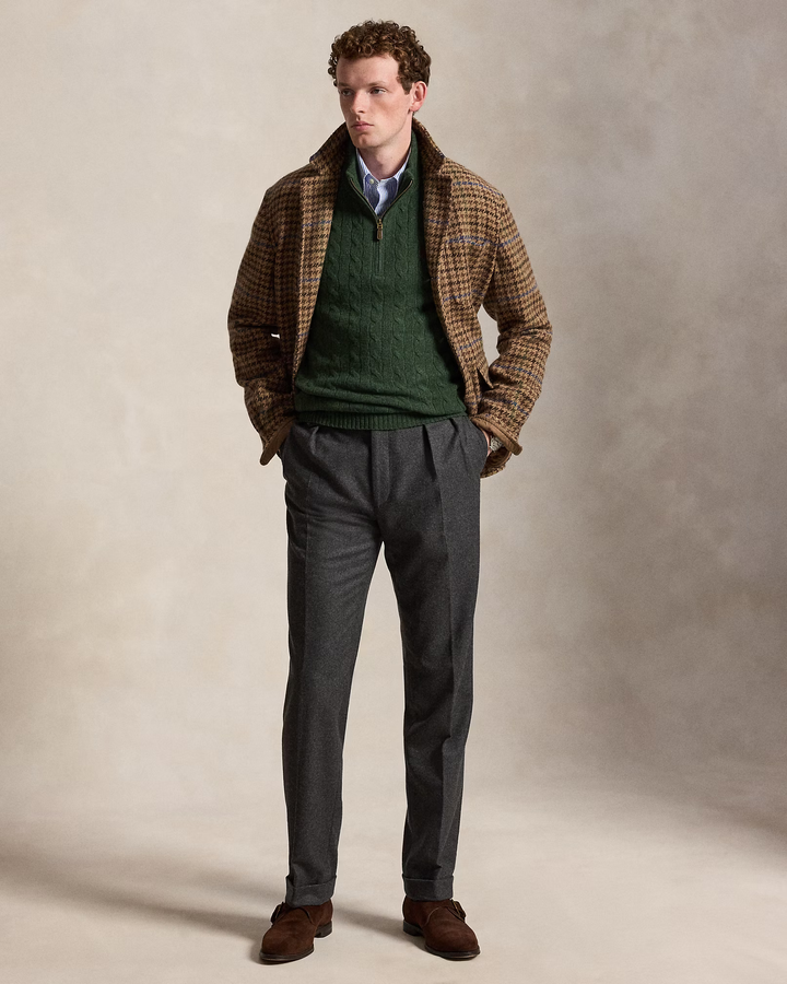 POLO RALPH LAUREN - Pull demi-zippé torsadé en laine et cachemire Vert sapin chiné