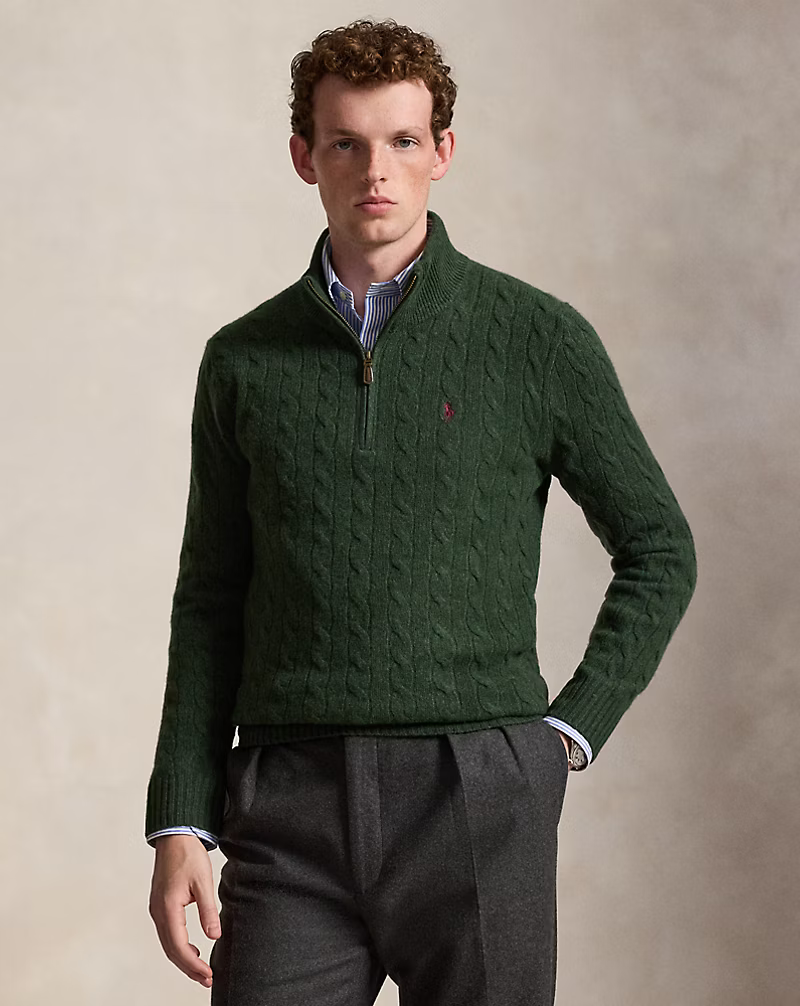 POLO RALPH LAUREN - Pull demi-zippé torsadé en laine et cachemire Vert sapin chiné