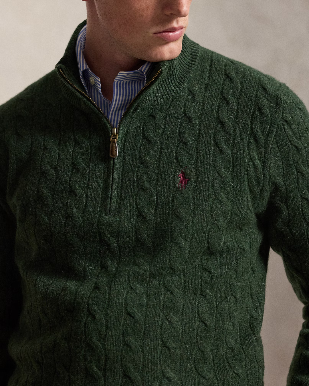 POLO RALPH LAUREN - Pull demi-zippé torsadé en laine et cachemire Vert sapin chiné