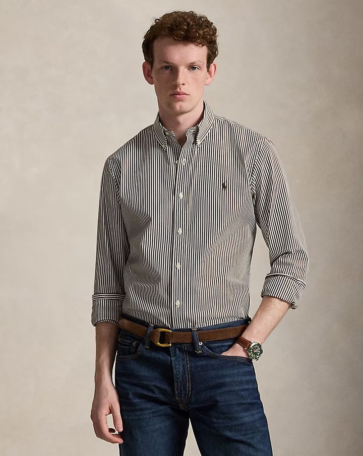 POLO RALPH LAUREN - Chemise rayée en popeline Custom Fit Marron cannelle / Blanc