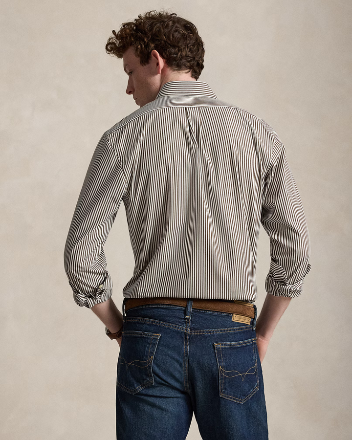POLO RALPH LAUREN - Chemise rayée en popeline Custom Fit Marron cannelle / Blanc