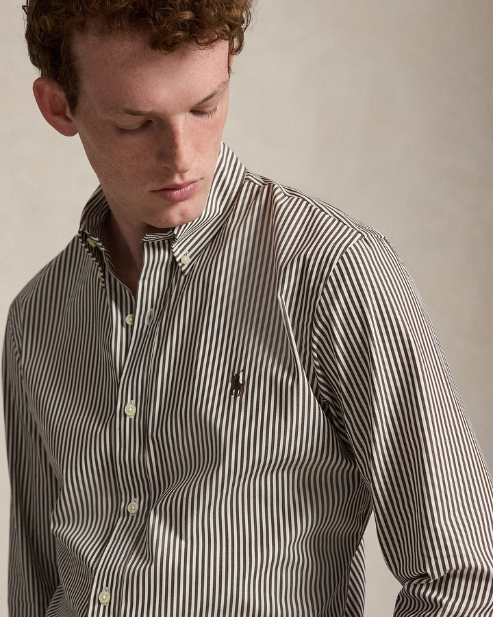 POLO RALPH LAUREN - Chemise rayée en popeline Custom Fit Marron cannelle / Blanc