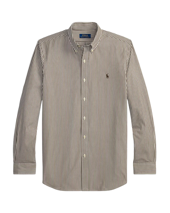 POLO RALPH LAUREN - Chemise rayée en popeline Custom Fit Marron cannelle / Blanc