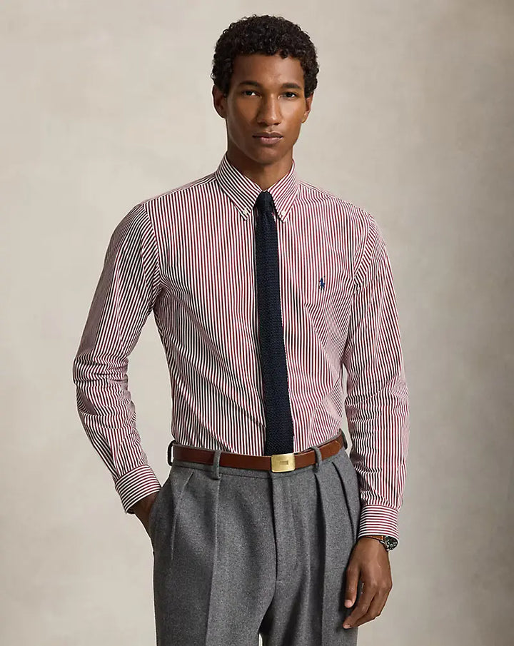 POLO RALPH LAUREN - Chemise rayée Custom Fit en popeline de coton stretch Lie-de-vin / Blanc