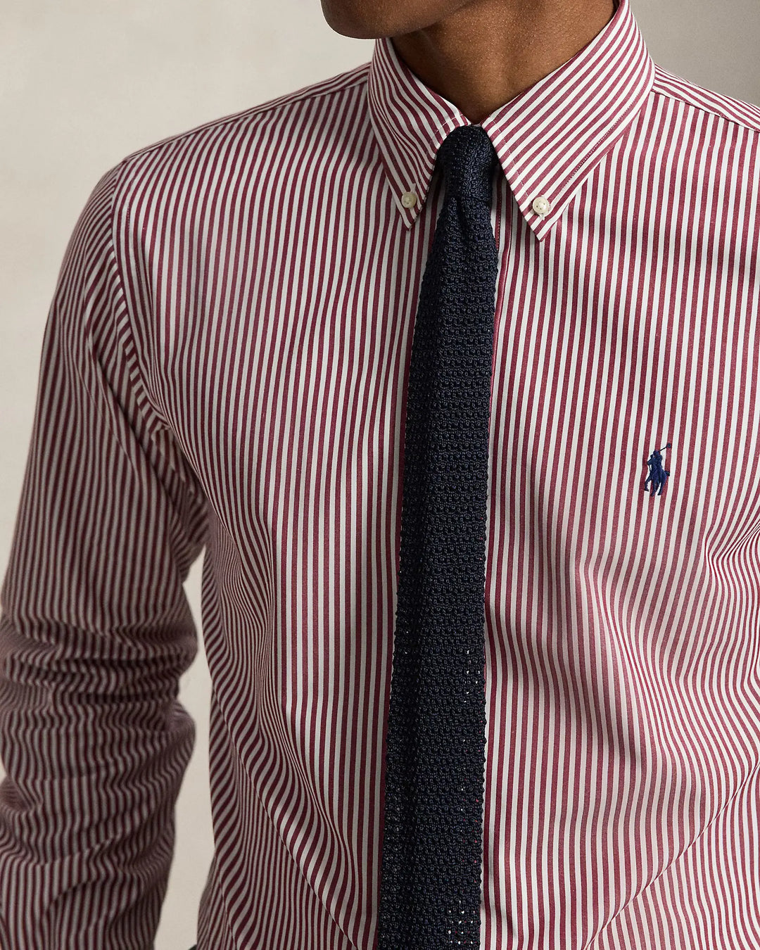 POLO RALPH LAUREN - Chemise rayée Custom Fit en popeline de coton stretch Lie-de-vin / Blanc
