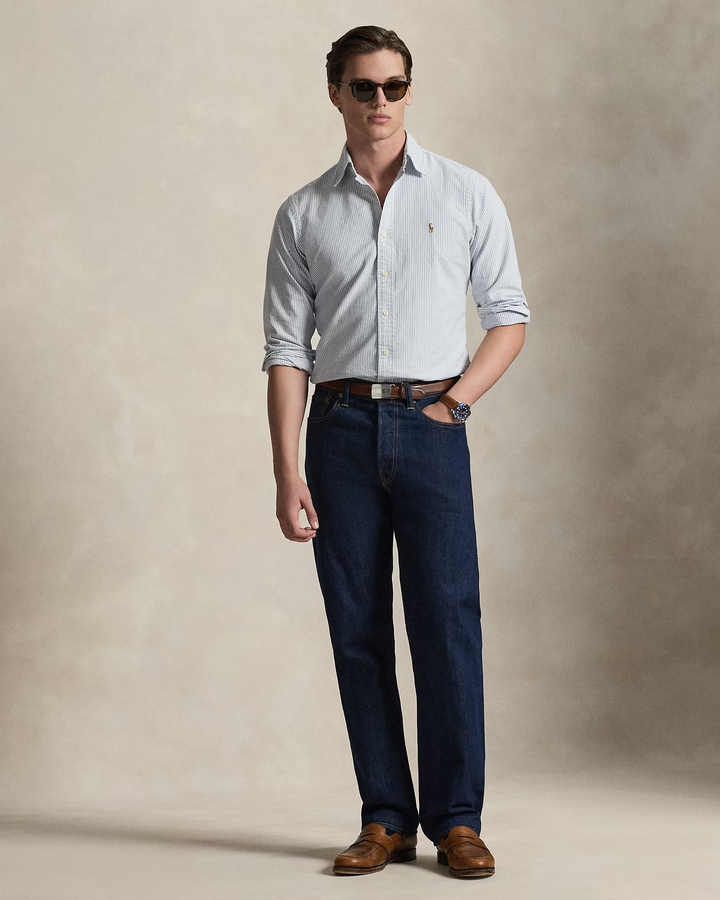 POLO RALPH LAUREN - Chemise Oxford à rayures Custom Fit Bleu marine / Blanc