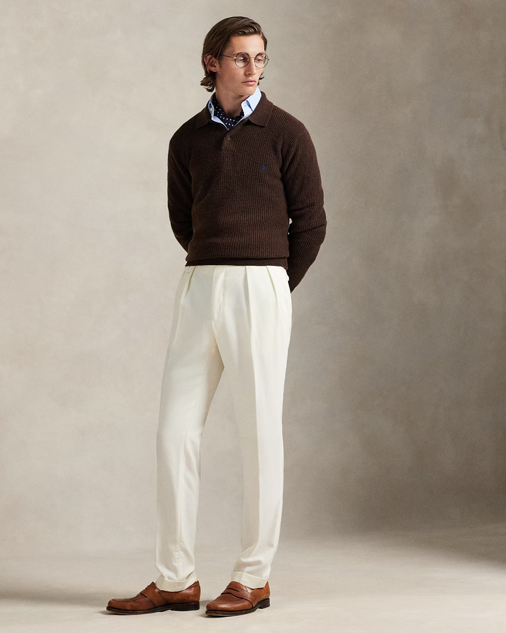 POLO RALPH LAUREN - Pull à col polo texturé en laine et coton Marron cacao