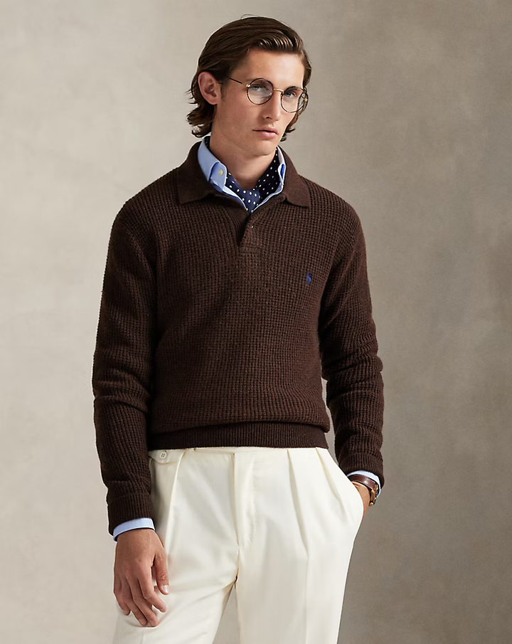 POLO RALPH LAUREN - Pull à col polo texturé en laine et coton Marron cacao