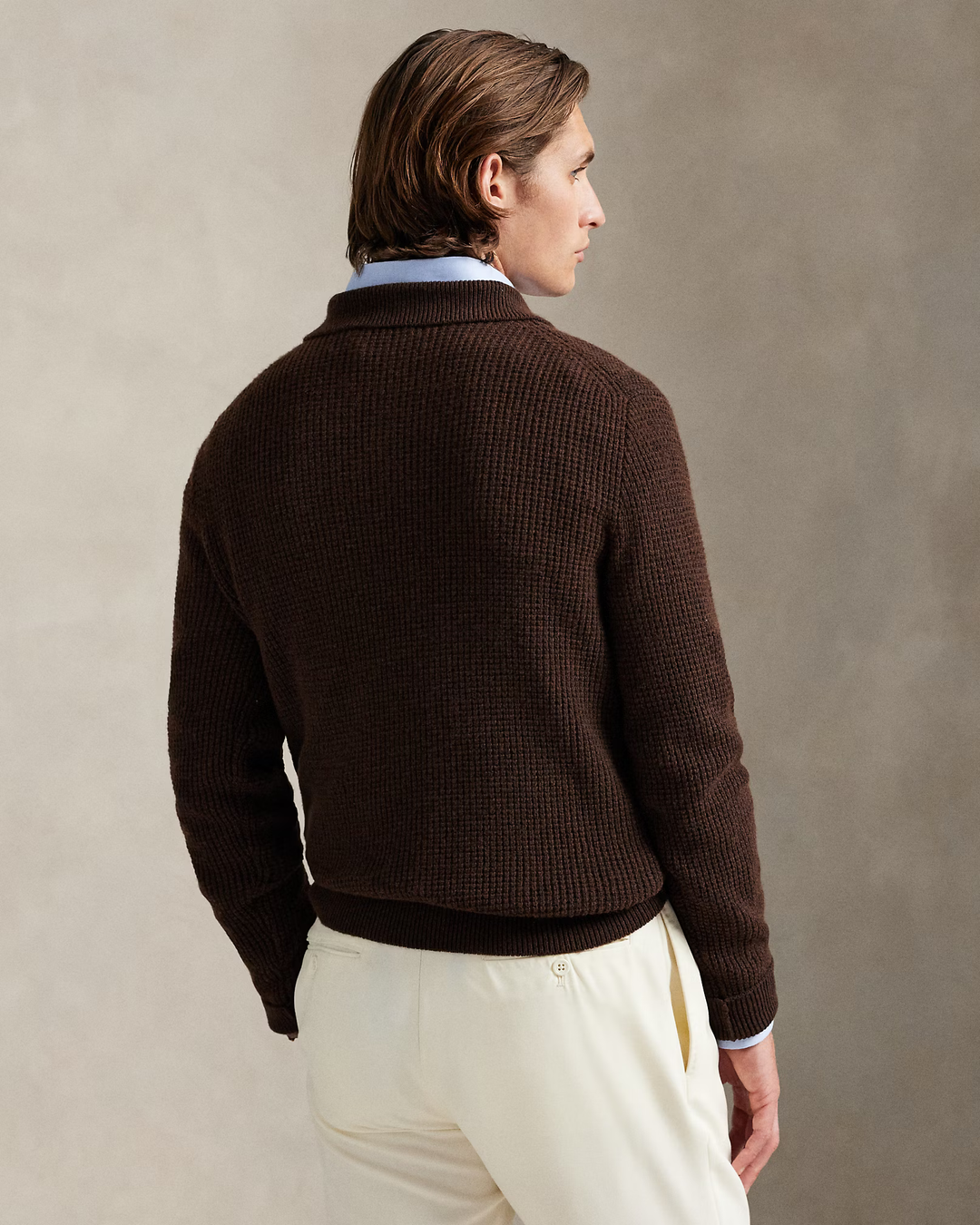 POLO RALPH LAUREN - Pull à col polo texturé en laine et coton Marron cacao