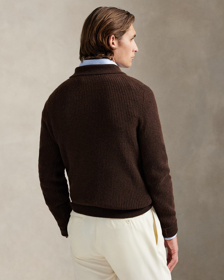 POLO RALPH LAUREN - Pull à col polo texturé en laine et coton Marron cacao