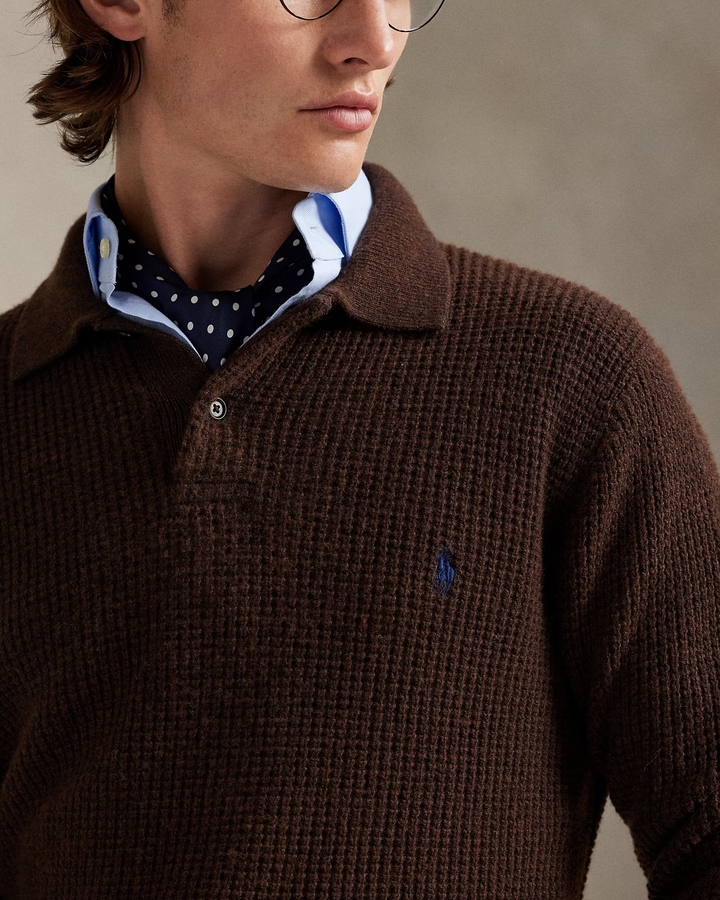 POLO RALPH LAUREN - Pull à col polo texturé en laine et coton Marron cacao