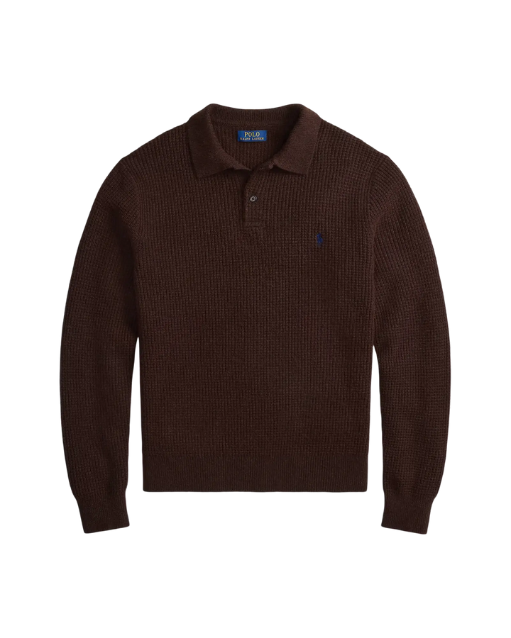 POLO RALPH LAUREN - Pull à col polo texturé en laine et coton Marron cacao