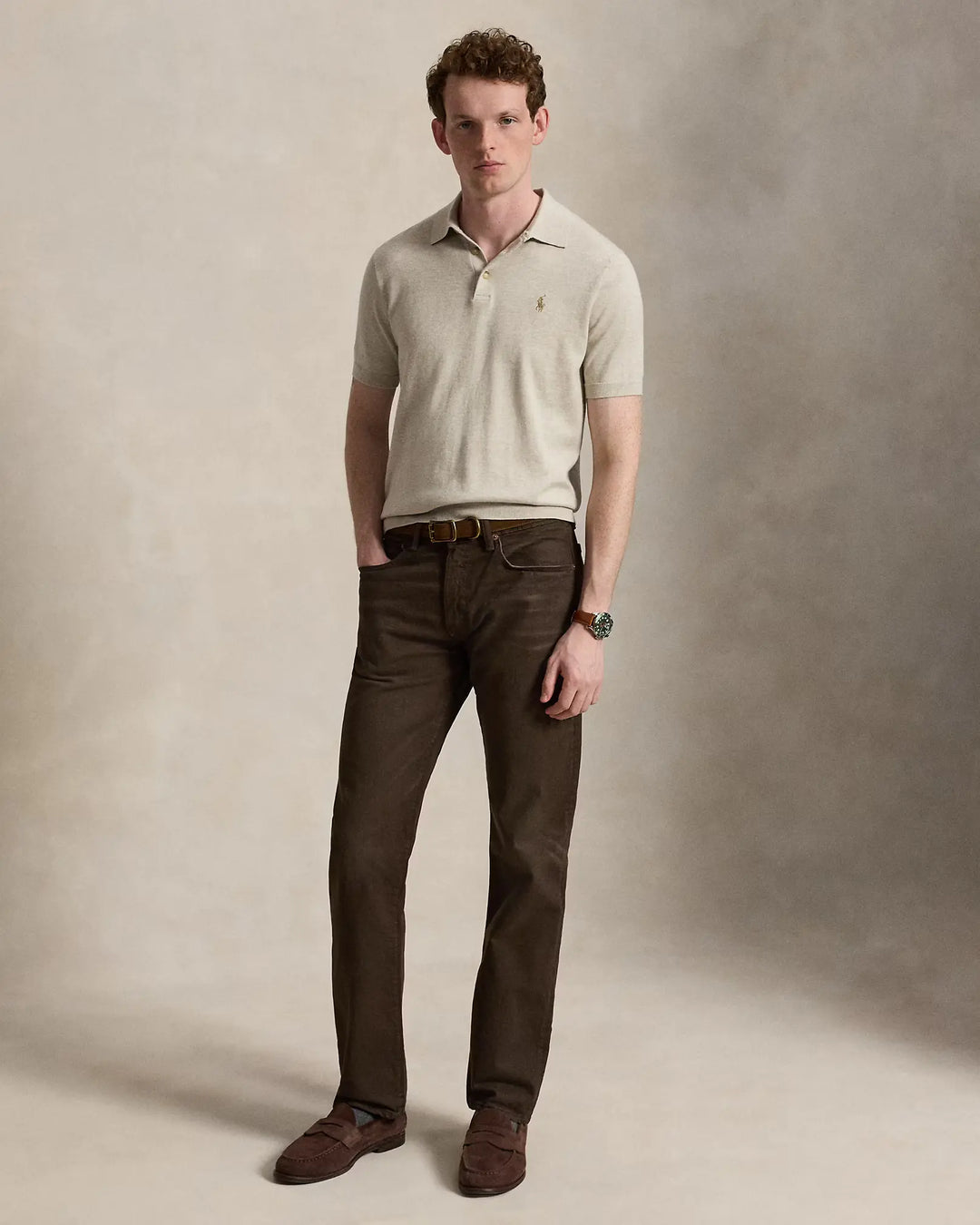 POLO RALPH LAUREN – Polo en maille de coton Marron clair chiné
