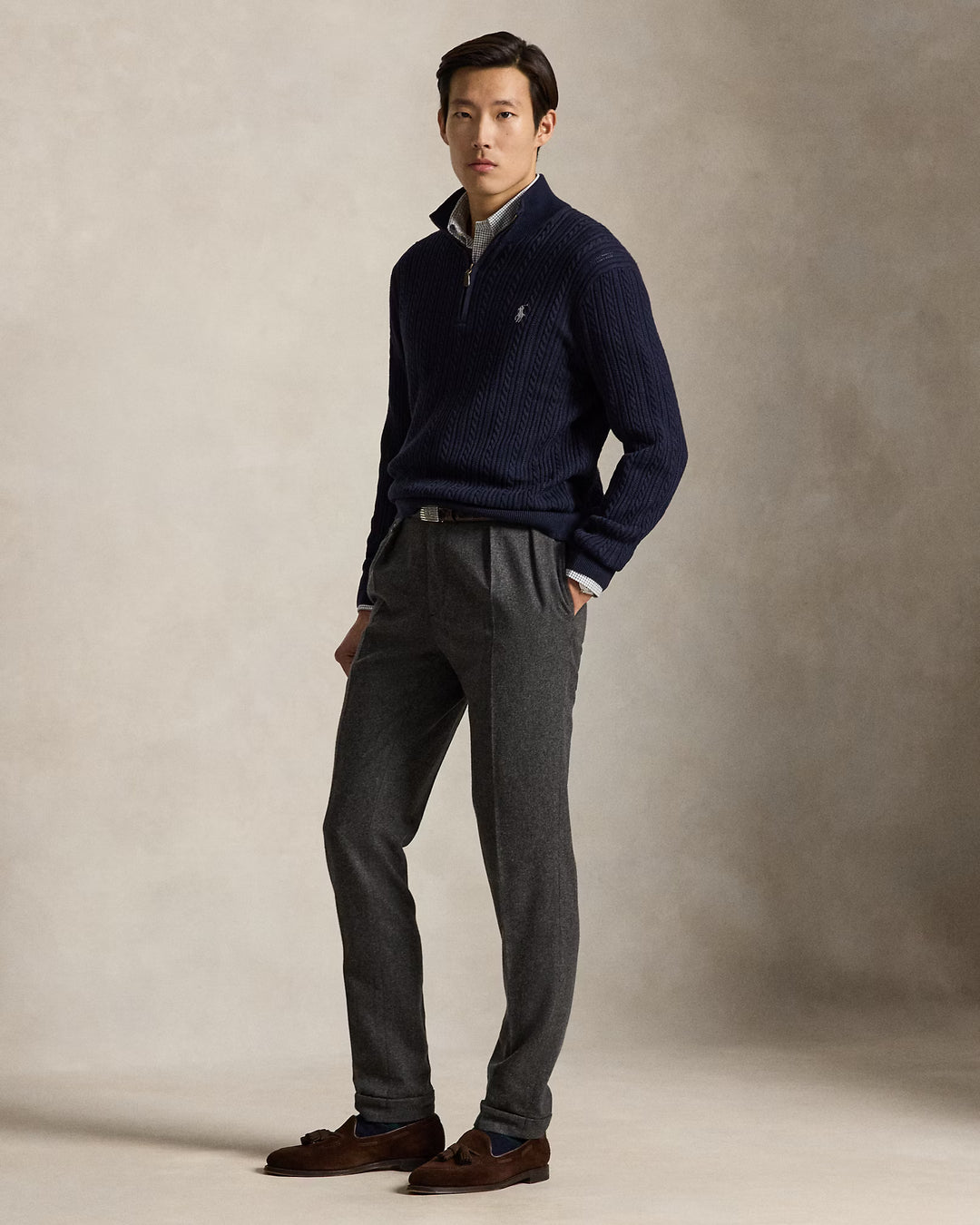 POLO RALPH LAUREN - Pull Torsadé en Coton à Col Cheminée Bleu Marine