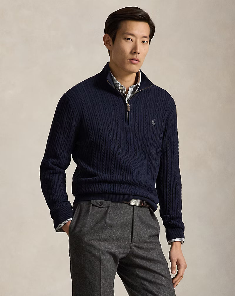 POLO RALPH LAUREN - Pull Torsadé en Coton à Col Cheminée Bleu Marine