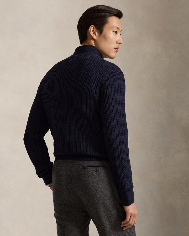 POLO RALPH LAUREN - Pull Torsadé en Coton à Col Cheminée Bleu Marine