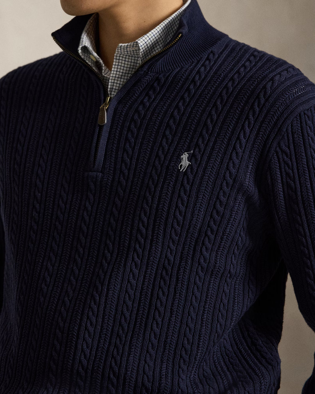 POLO RALPH LAUREN - Pull Torsadé en Coton à Col Cheminée Bleu Marine