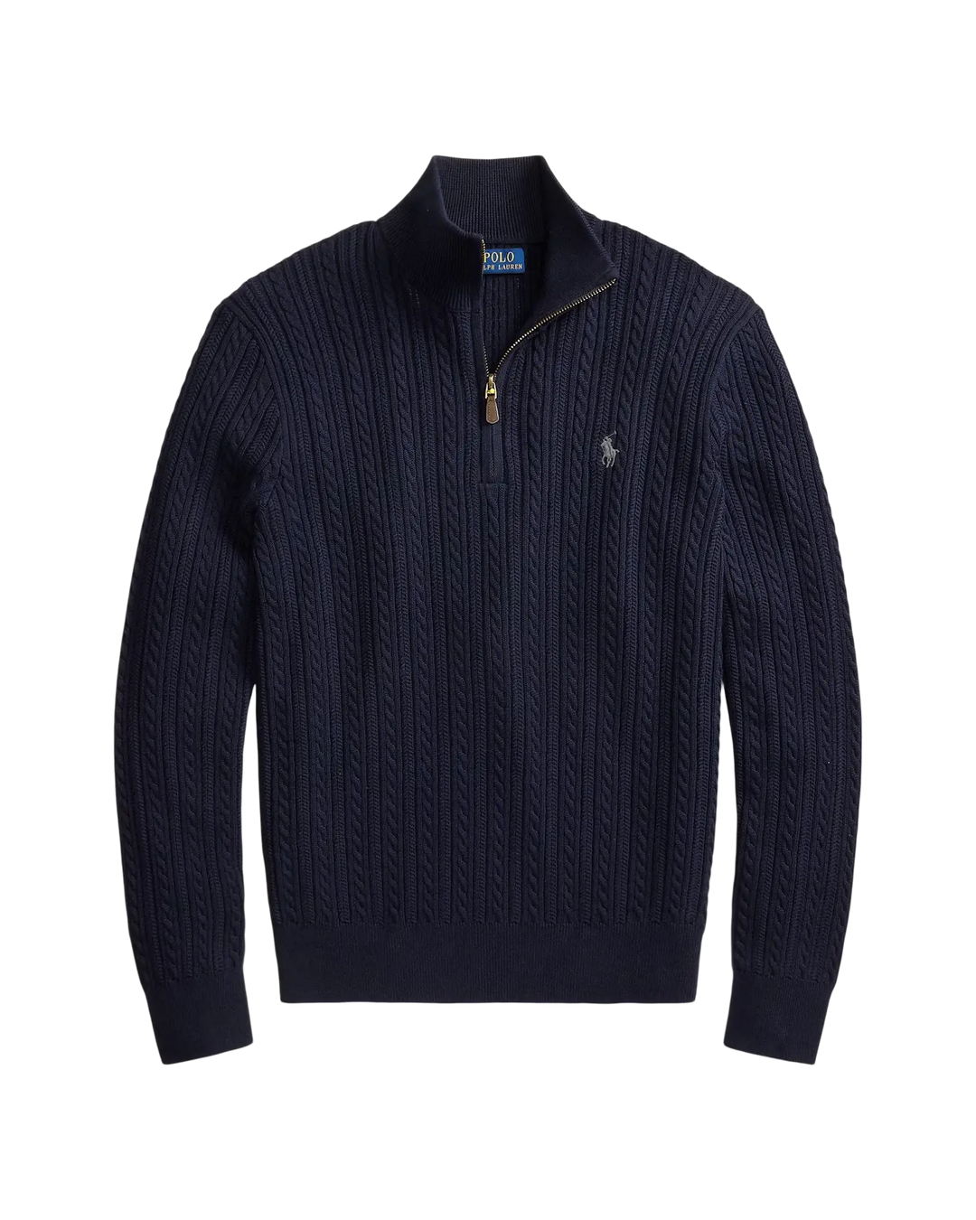 POLO RALPH LAUREN - Pull Torsadé en Coton à Col Cheminée Bleu Marine