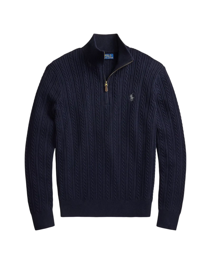 POLO RALPH LAUREN - Pull Torsadé en Coton à Col Cheminée Bleu Marine