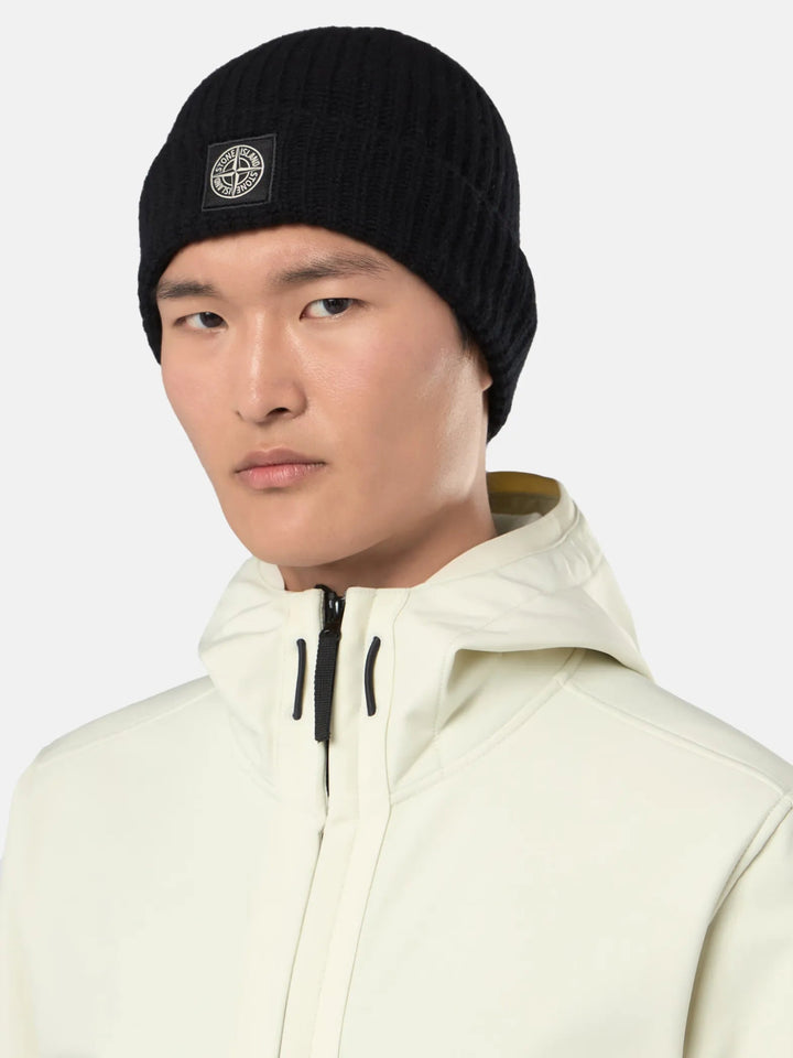 STONE ISLAND - Bonnet à écusson Compass et revres côtelé noir - Lothaire