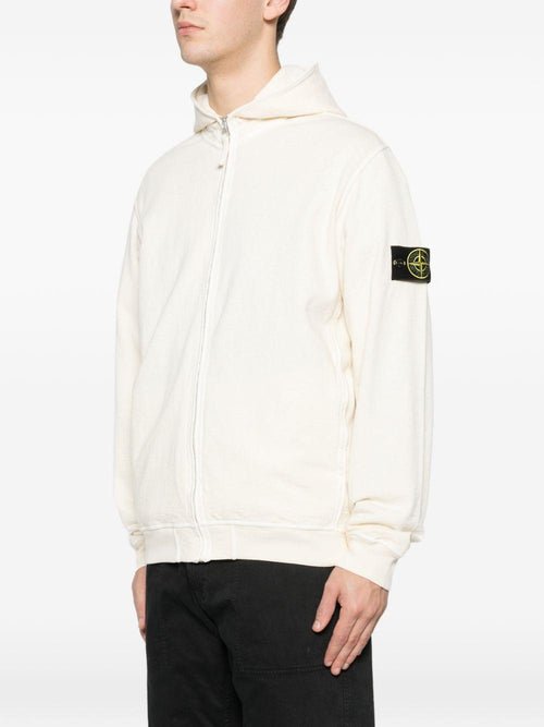 STONE ISLAND - Sweat à capuche zippé avec logo en coton Ivoire - Lothaire