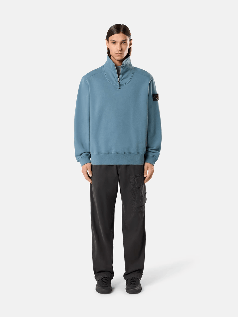 STONE ISLAND - Sweat-shirt col montant zippé en coton Bleu acier - Lothaire