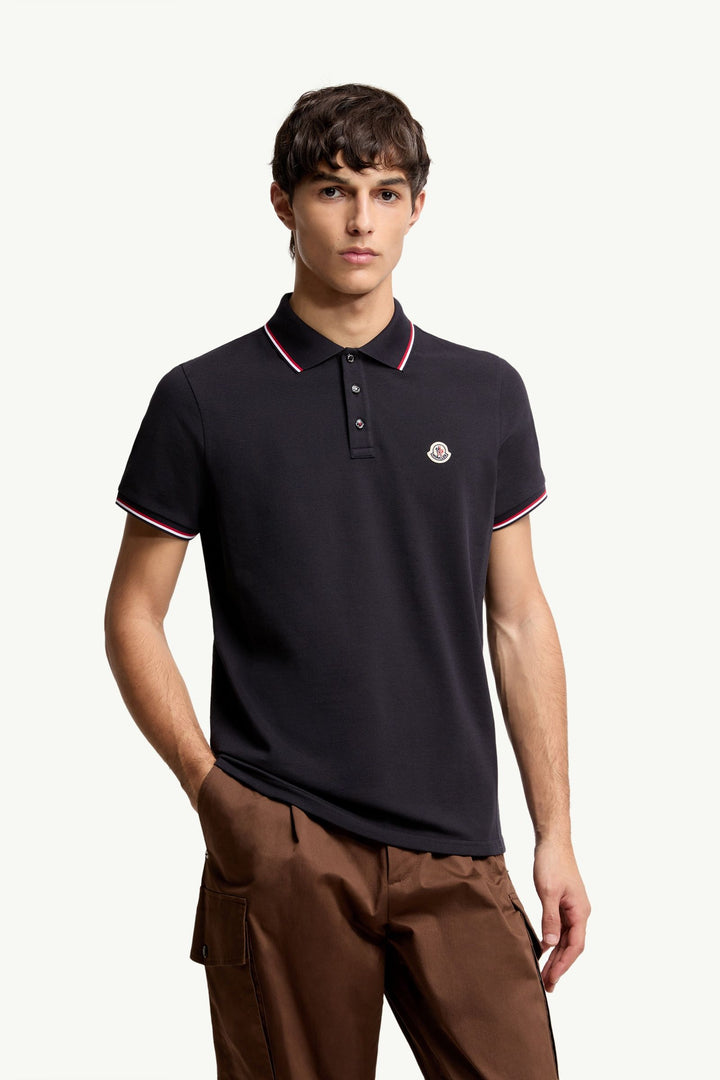 MONCLER - Tricolor-Trimmed Cotton Piquet Polo Shirt Bleu marine