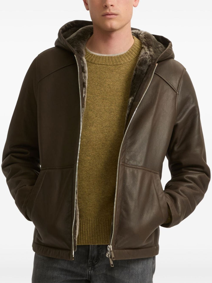 YVES SALOMON - Veste zippée à capuche en peau lainée marron