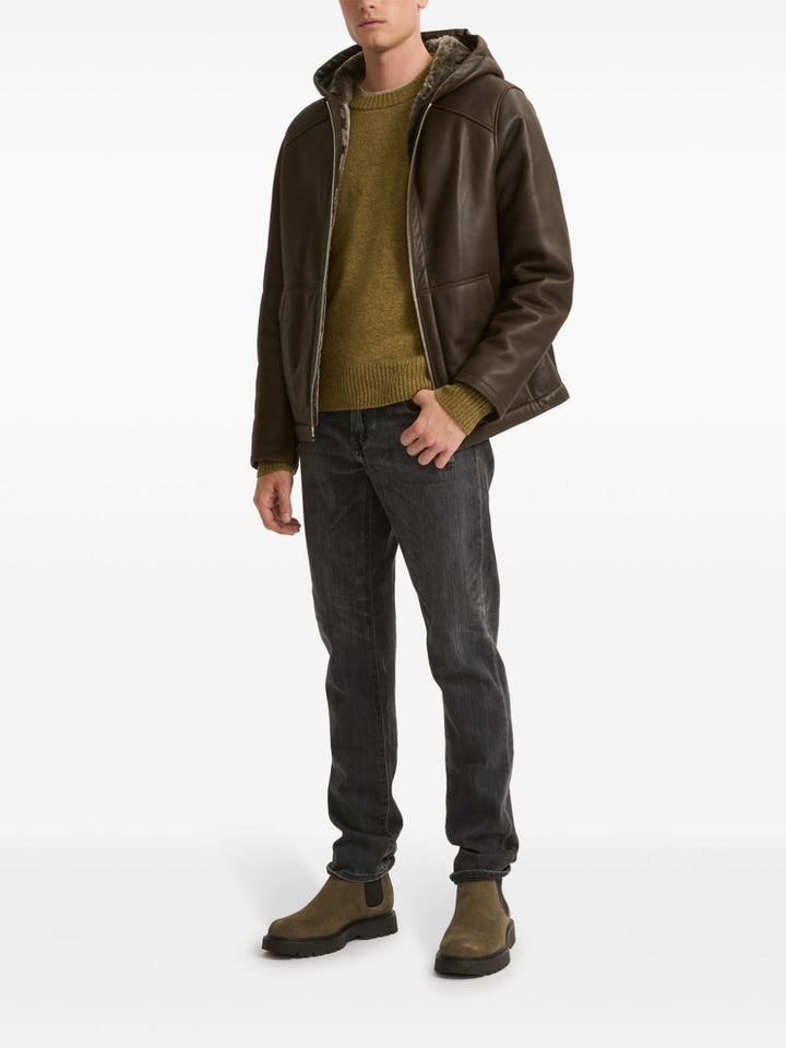 YVES SALOMON - Veste zippée à capuche en peau lainée marron
