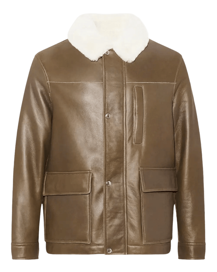 YVES SALOMON - Veste en cuir à col en peau lainée marron - Lothaire