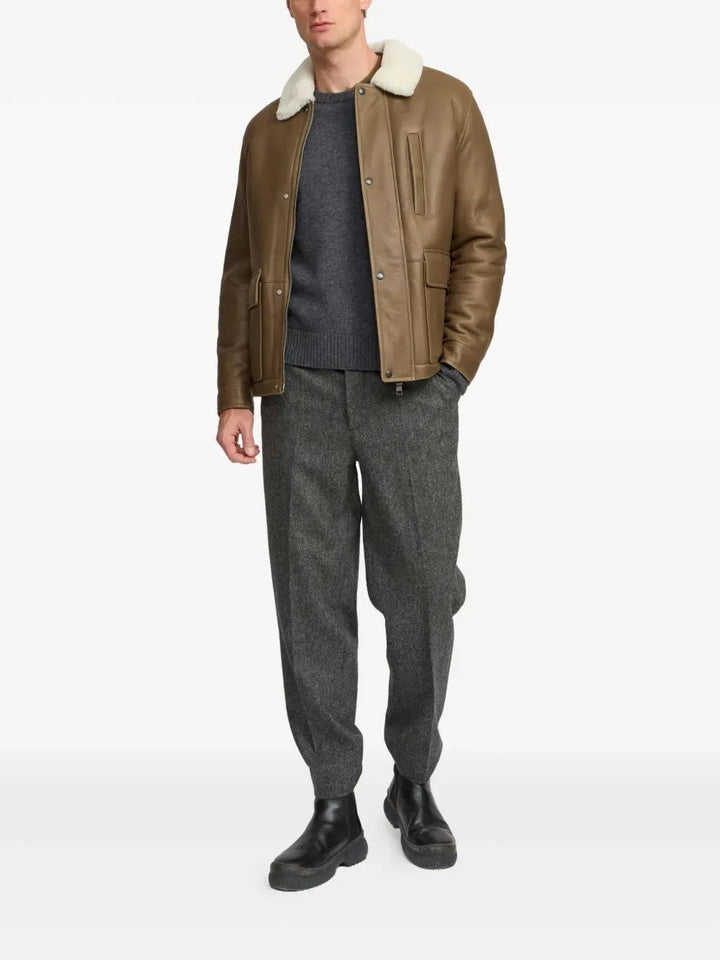 YVES SALOMON - Veste en cuir à col en peau lainée marron - Lothaire