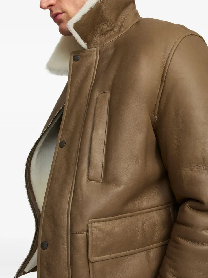 YVES SALOMON - Veste en cuir à col en peau lainée marron - Lothaire