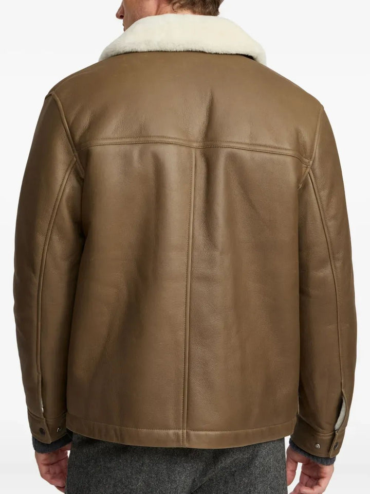 YVES SALOMON - Veste en cuir à col en peau lainée marron - Lothaire