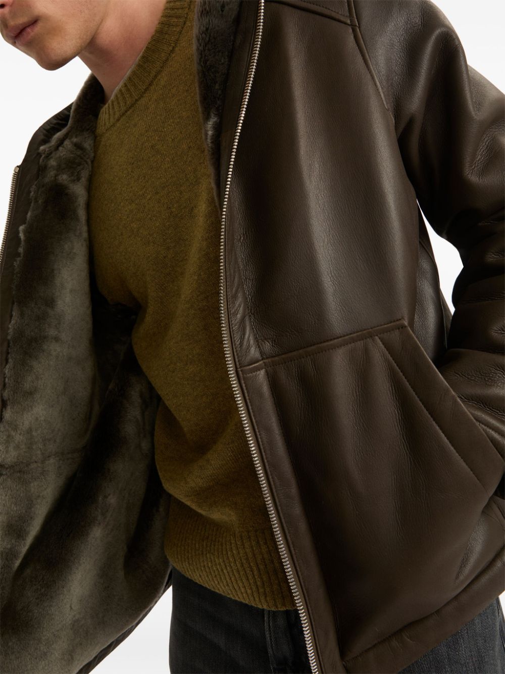 YVES SALOMON - Veste zippée à capuche en peau lainée marron - Lothaire
